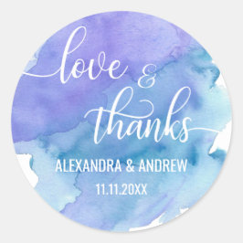 Watercolor Blue Lila Wedding Liebe & Danke Runder Aufkleber