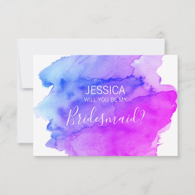 Watercolor Blue Lila Werden Sie meine Bridesmaid? Einladung (Vorderseite)