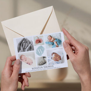 Watercolor Blue Monogram Foto Collage Boy Birth Ankündigung