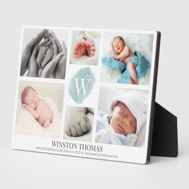 Watercolor Blue Monogram Foto Collage Boy Birth Fotoplatte (Seite)