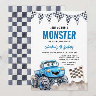 Watercolor Blue Monster Truck Birthday Race Party Einladung