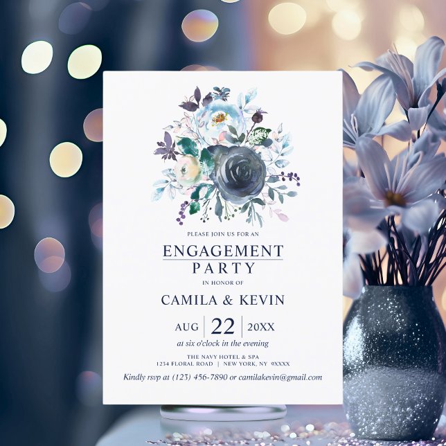 Watercolor Blue Navy Floral Engagement Party Einladung (Watercolor Blue Navy Floral Engagement Party Invitation)