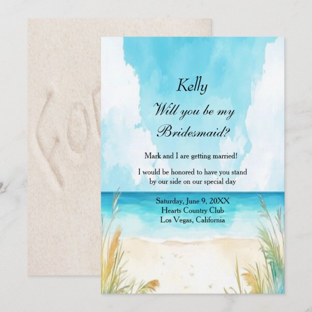Watercolor Blue Ocean Beach Hochzeit Bridesmaid Einladung (Vorne/Hinten)