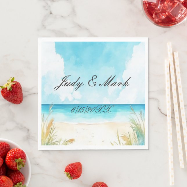 Watercolor Blue Ocean Beach Wedding Serviette (Beispiel)