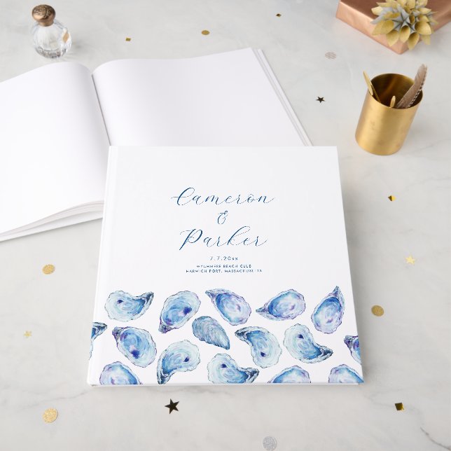 Watercolor Blue Oyster Shell Square Wedding Gästebuch (Vorderseite offen)