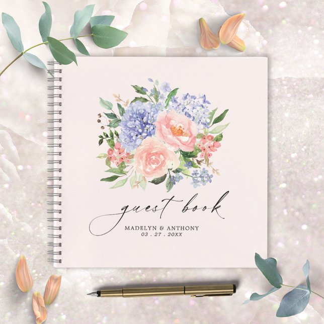 Watercolor Blue Pink Floral Wedbook Notizbuch (Close up photo)