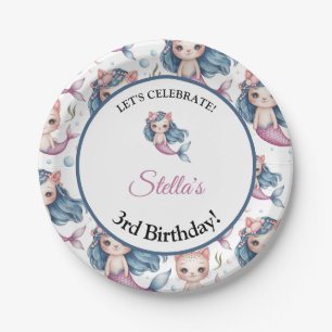 Watercolor Blue Pink Mermaid Cat Girl Birthday Pappteller