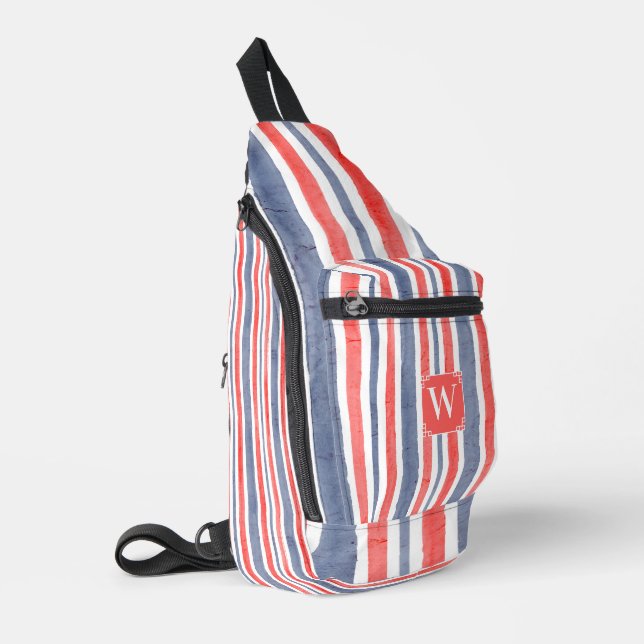Watercolor Blue Red White Stripes, USA Style Crossbody Bag (Linke Seite)