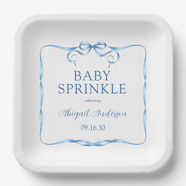 Watercolor Blue Ribbon Baby Sprinkle Pappteller (Vorderseite)