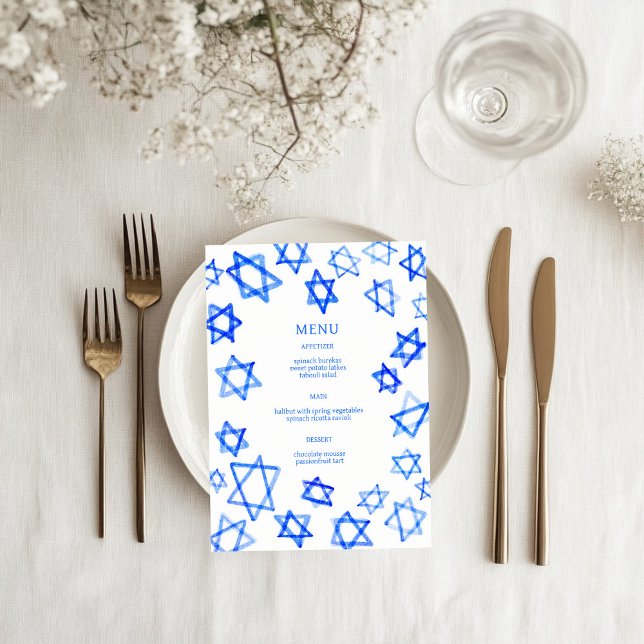 Watercolor Blue Star von David Bar Bat Mitzvah Menükarte (Watercolor Blue Star of David Bar Bat Mitzvah Jewish Wedding Custom Menu
)