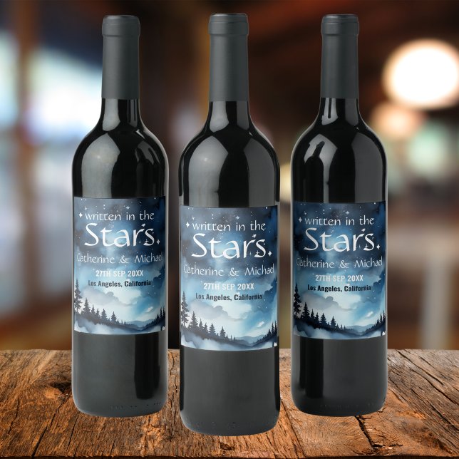Watercolor Blue Starry Night Sky Celestiding Weddi Weinetikett (Von Creator hochgeladen)