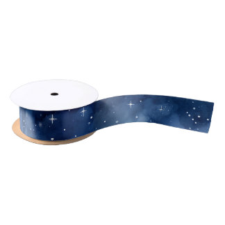 Watercolor Blue Starry Night Sky Holiday Ribbon Satinband