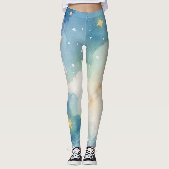 Watercolor Blue Starry Sky Leggings (Vorderseite)