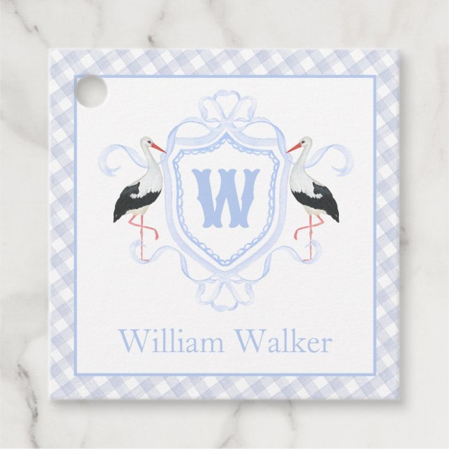Watercolor Blue Stork Gingham Monogram Crest Geschenkanhänger (Vorderseite)