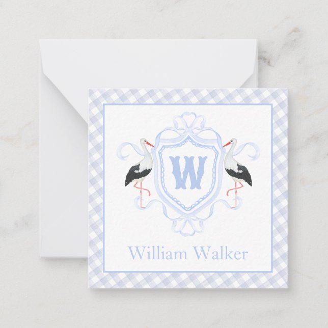 Watercolor Blue Stork Gingham Monogram Crest Mitteilungskarte (Vorderseite)
