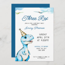 Watercolor Blue Three Rex Dinosaurier Geburtstag
