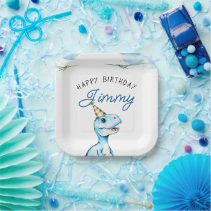 Watercolor Blue Three Rex Dinosaurier Geburtstag Pappteller