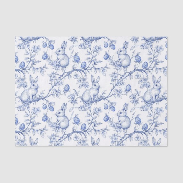 Watercolor Blue Toile De Jouy Osterkaninchen Seidenpapier (Vorderseite)