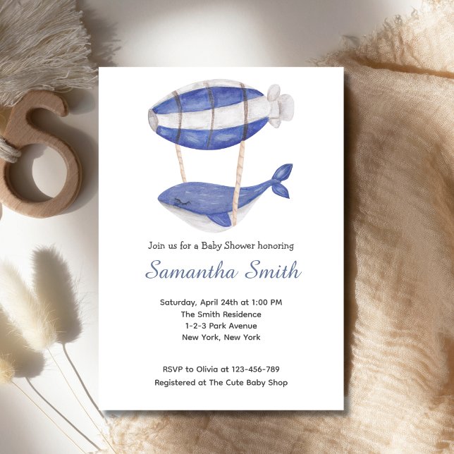 Watercolor Blue Whale Air Ballon Babydusche Einladung (Watercolor Blue Whale Air Balloon Baby Shower Invitation)
