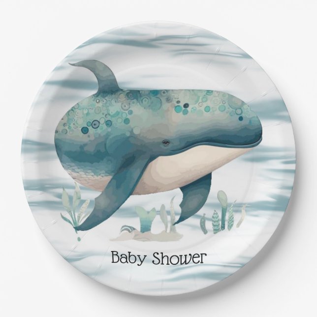 Watercolor Blue Whale Boy Baby Dusche Pappteller (Vorderseite)