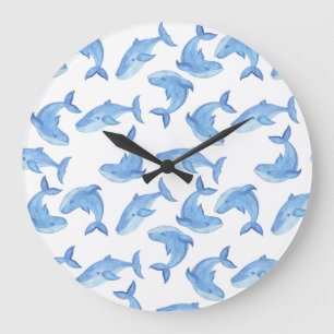 Watercolor Blue Whale Pattern Große Wanduhr