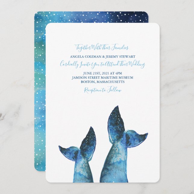 Watercolor Blue Whale Tale Wedding Einladung (Vorne/Hinten)