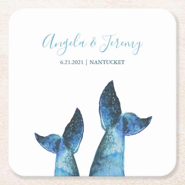 Watercolor Blue Whale Tale Wedding Rechteckiger Pappuntersetzer (Vorderseite)