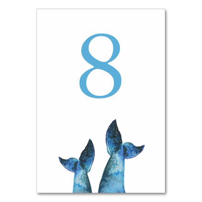 Watercolor Blue Whale Tale Wedding Tischnummer (Vorderseite)