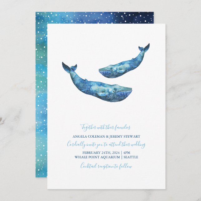 Watercolor Blue Whale Wedding Einladung (Vorne/Hinten)