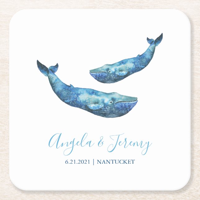 Watercolor Blue Whale Wedding Rechteckiger Pappuntersetzer (Vorderseite)