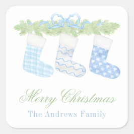 Watercolor Blue & White Christmas Strumpfs Geschen Quadratischer Aufkleber