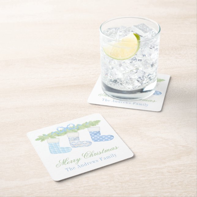 Watercolor Blue & White Christmas Strumpfs Rechteckiger Pappuntersetzer (Vor Ort)