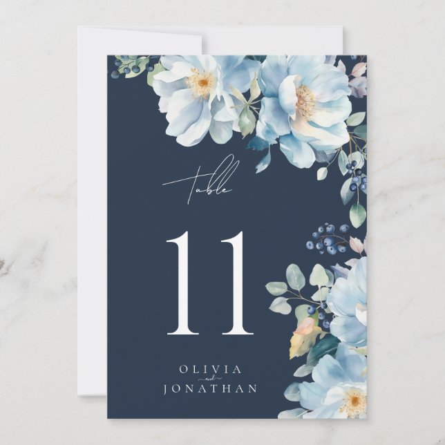 Watercolor Blue Winter Floral Wedding Tischnummer (Vorderseite)