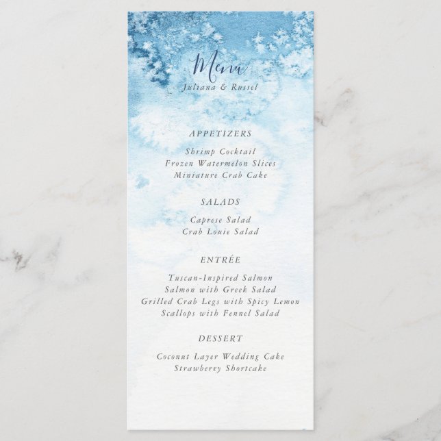 Watercolor Blue Winter Wedding Menu Menükarte (Vorderseite)
