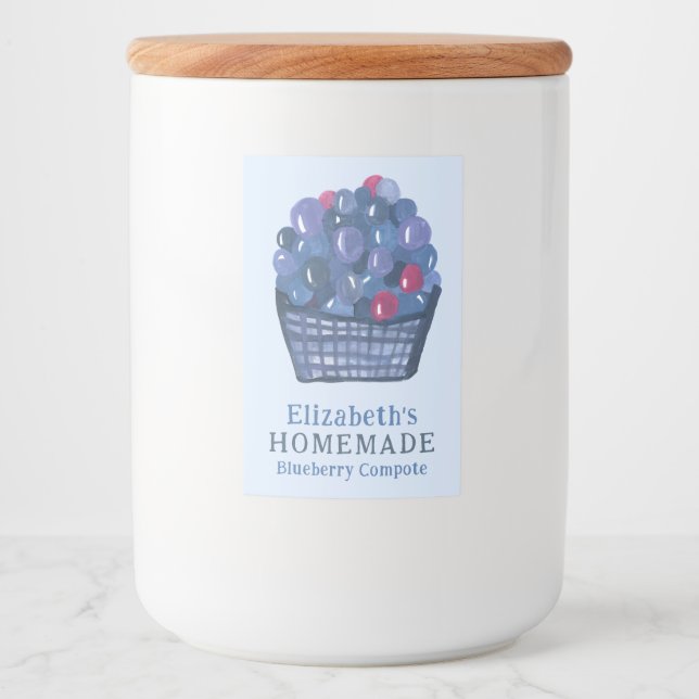 Watercolor Blueberry Basket Custom Homemade Jam Lebensmitteletikett (Vorderseite)