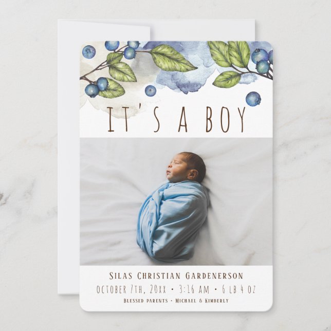 Watercolor Blueberry Boy Announcement Ankündigung (Vorderseite)