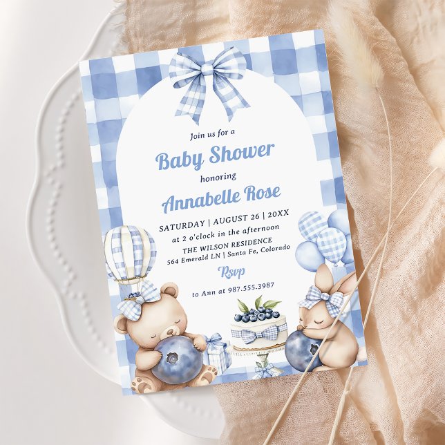 Watercolor Blueberry Gingham 1st Baby Shower Party Einladung (Von Creator hochgeladen)