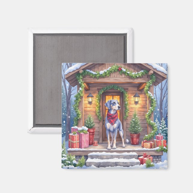 Watercolor Bluetick Coonhound Cabin Porch Christma Magnet (Vorderseite/Rückseite)