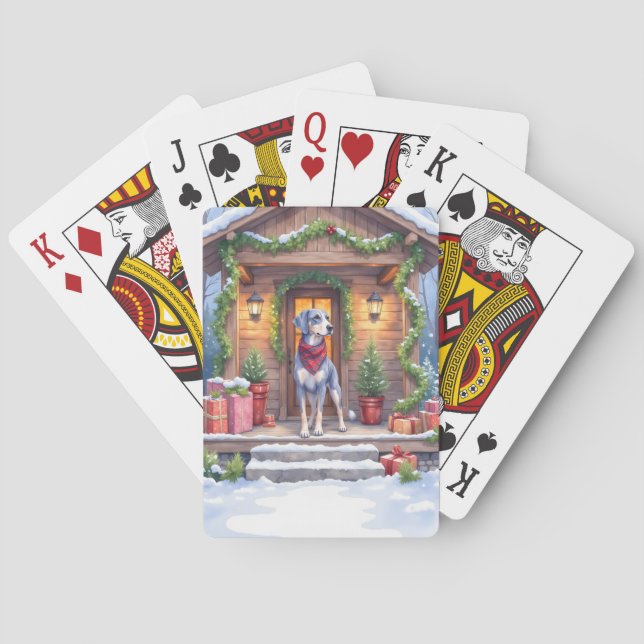 Watercolor Bluetick Coonhound Cabin Porch Christma Spielkarten (Rückseite)