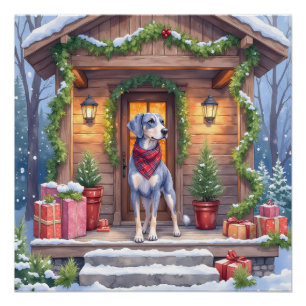 Watercolor Bluetick Coonhound Hüttenveranda Weihna Poster