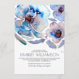 Watercolor-Blumen blaues Boho Brautparty Einladung