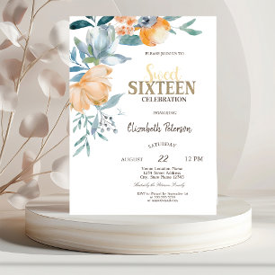 Watercolor Blumen Dusty Blue Sweet 16 Einladung