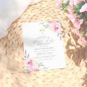 Watercolor-Blumen Goldkreuz Erste Heilige Kommunio Einladungspostkarte