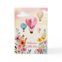 Watercolor-Blumen-Heißluftballon-Baby-Shower-Karte