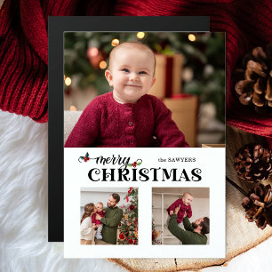 Watercolor-Blumen-Merry-Christmas-Script-3-Fotos Magnetkarte