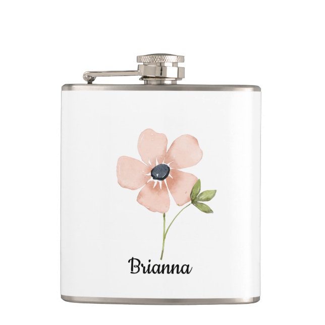 Watercolor-Blumen-Name mit rosafarbenem Schimmer Flachmann (Vorderseite)