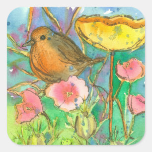 Watercolor-Blumen-Robin-Vogel Quadratischer Aufkleber