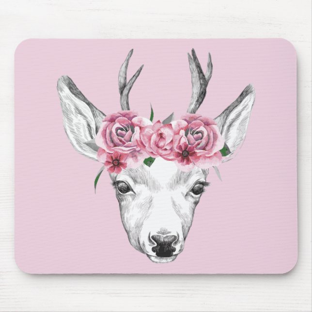 Watercolor-Blumen-Rotwild Mousepad (Vorne)