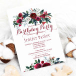 Watercolor Blumenchic Wintergeburtstag-Party Einladung<br><div class="desc">Romantische feminine Geburtstagsparty Chic und elegante Winter florale Einladung Vorlage mit Aquarellbäckerchen in rot bordeauxrot und weiß und mit saisonalen Pine grün Filialen, rote Beeren und Blattwerk. Füllen Sie Ihre Informationen in den Flecken, Sie können wählen, um es anzupassen, indem Sie die Hintergrundfarben, Schriftart und Farben der Schrift. — Die...</div>