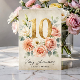 Watercolor Blumengold 10. Hochzeitstag Karte